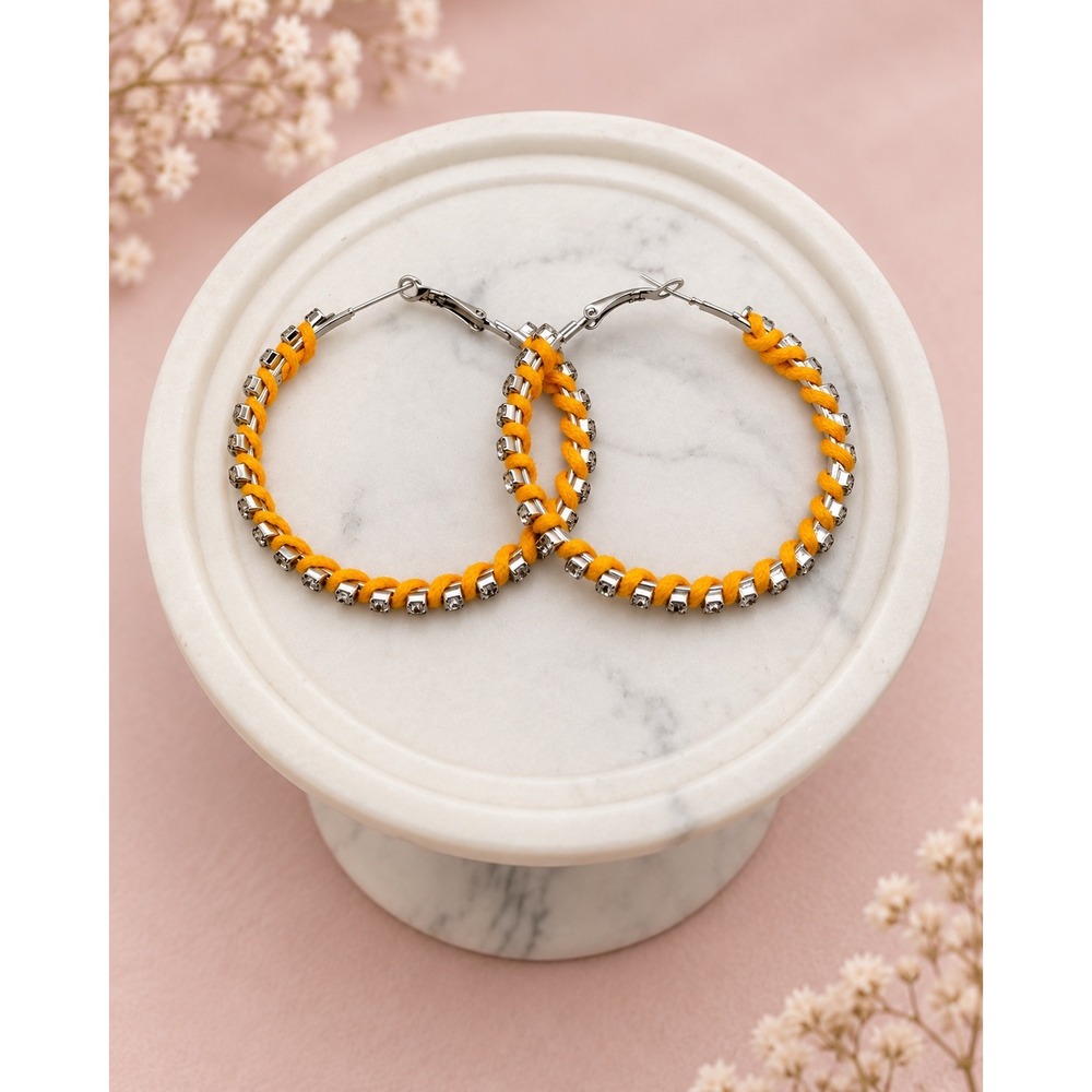 Yellow Cord Wrapped Rhinestone Hoop Earrings Silver Tone Fashion Jewelry
